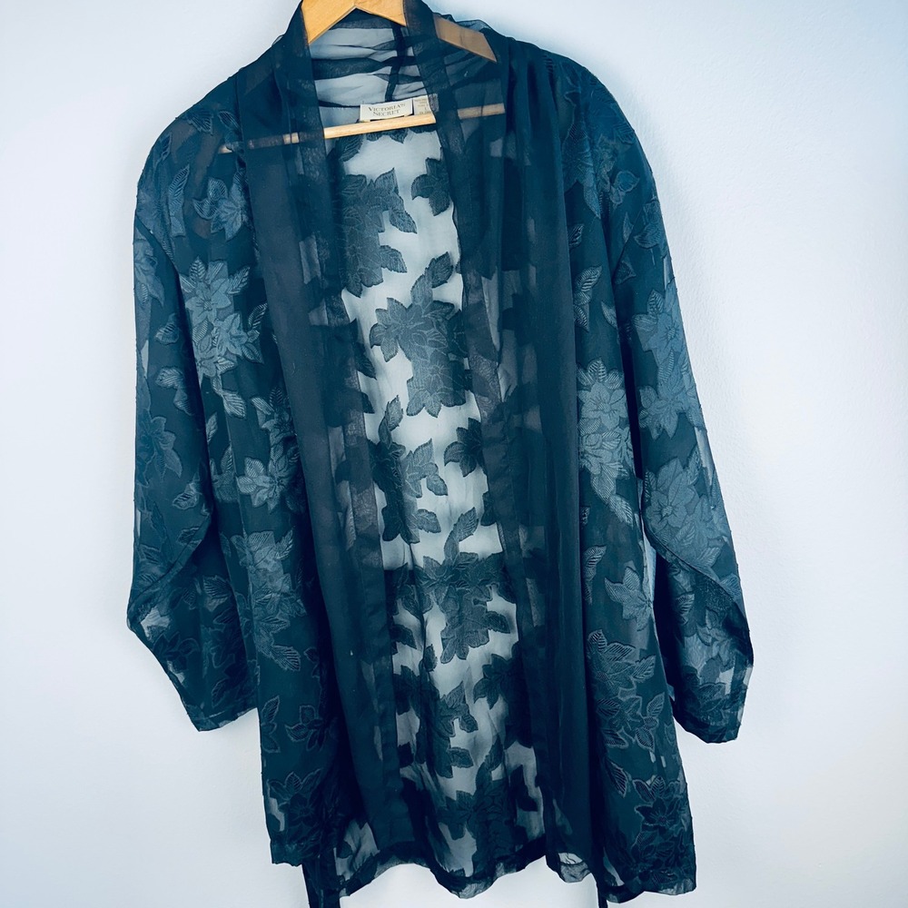 Victoria's Secret Vintage Gold‎ Label Black Sheer Floral Burnout Robe Large - Picture 5 of 10